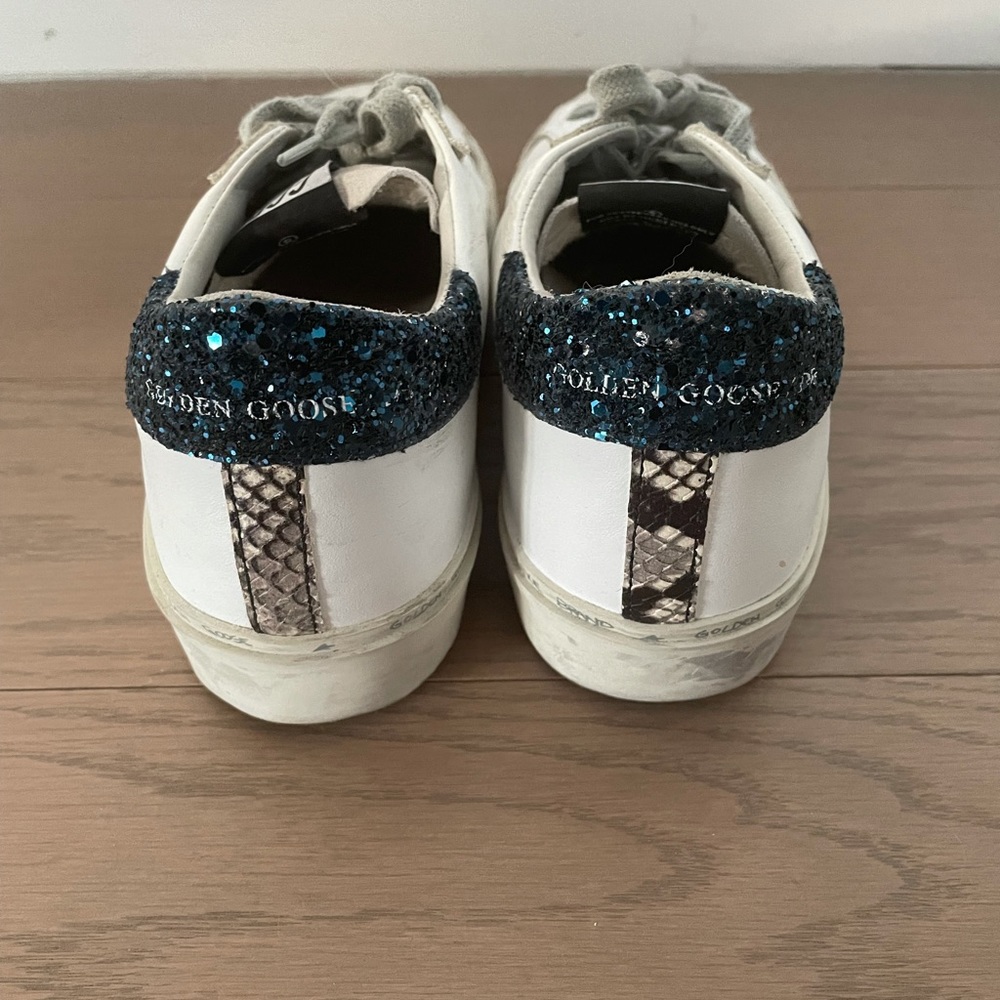 Golden Goose Hi Star Leather Sneakers White Black Star Blue Glitter - Picture 7 of 10